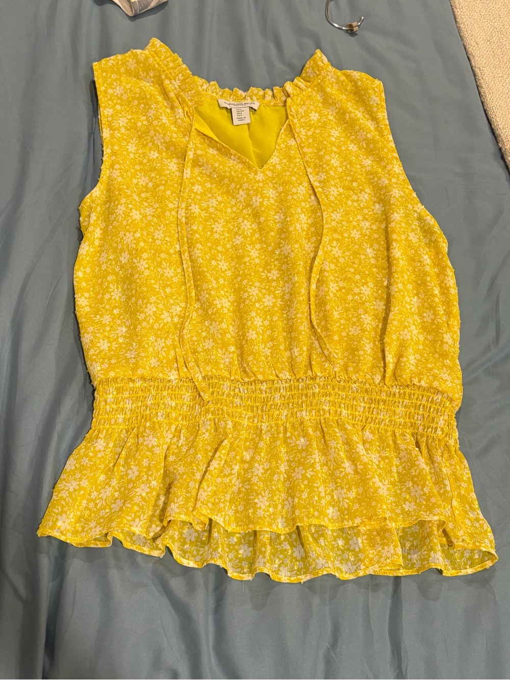 Carolina Belle Yellow Floral Ruffle-Hem Sleeveless Top